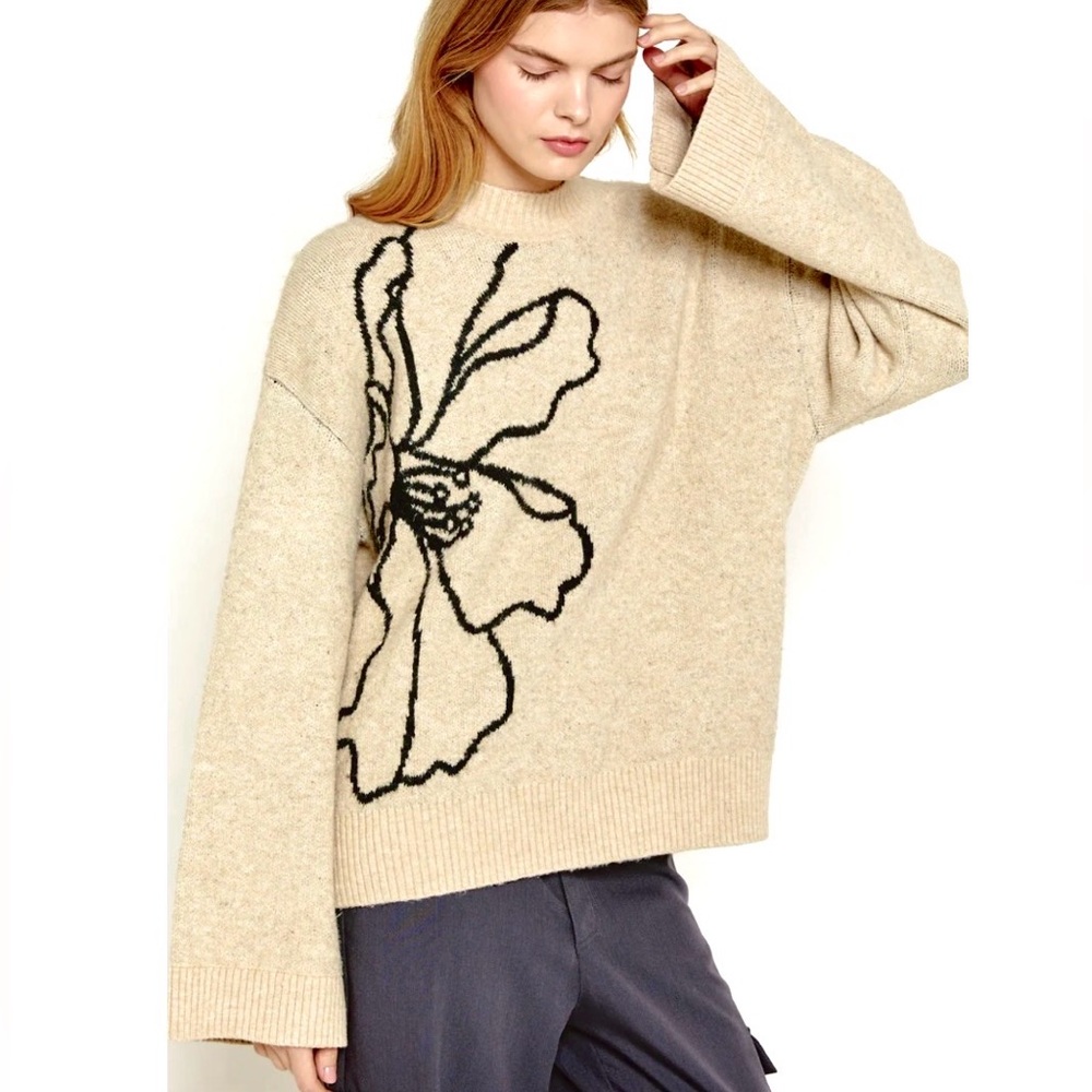 Another Girl Flower Intarsia Cream Oversized Sweater